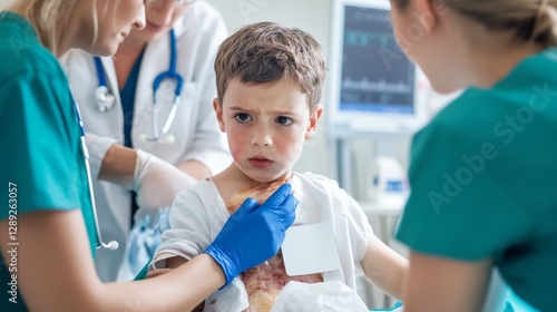 Hospital rush with medical team stabilizing a child with a serious burn injury. Featuring immediate care and rapid response