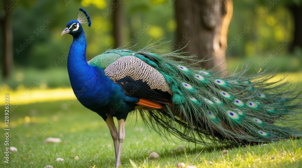 Obraz premium A majestic peacock standing on a grassy field with its vibrant feathers fully fanned out