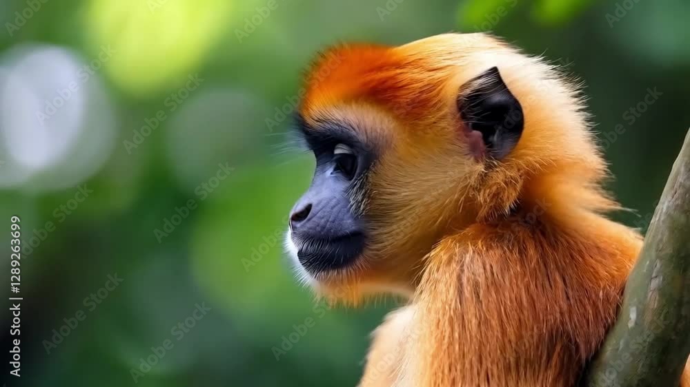 Close up scene of golden monkey with blur green tree background, smooth repeating motion for background video animation Close up scene of golden monkey with blur green tree background, smooth repeating motion for background video animation