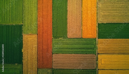 Aerial view of farmland with patchwork of different crops. Pattern, texture of design in squares with various colourful mosaic geometric seamless tile. Decoration in green, yellow, brown, orange. photo