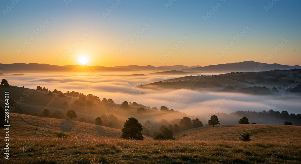 Obraz premium Golden Sunrise Over Misty Mountain Valley