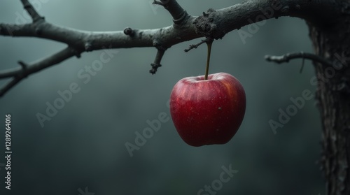 Red apple on dark branch, misty gray background, representing forbidden fruit and temptation in a mysterious setting.