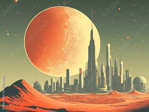 Fototapeta Naklejka Na Ścianę i Meble -  Alien city and red planet show space station under moon