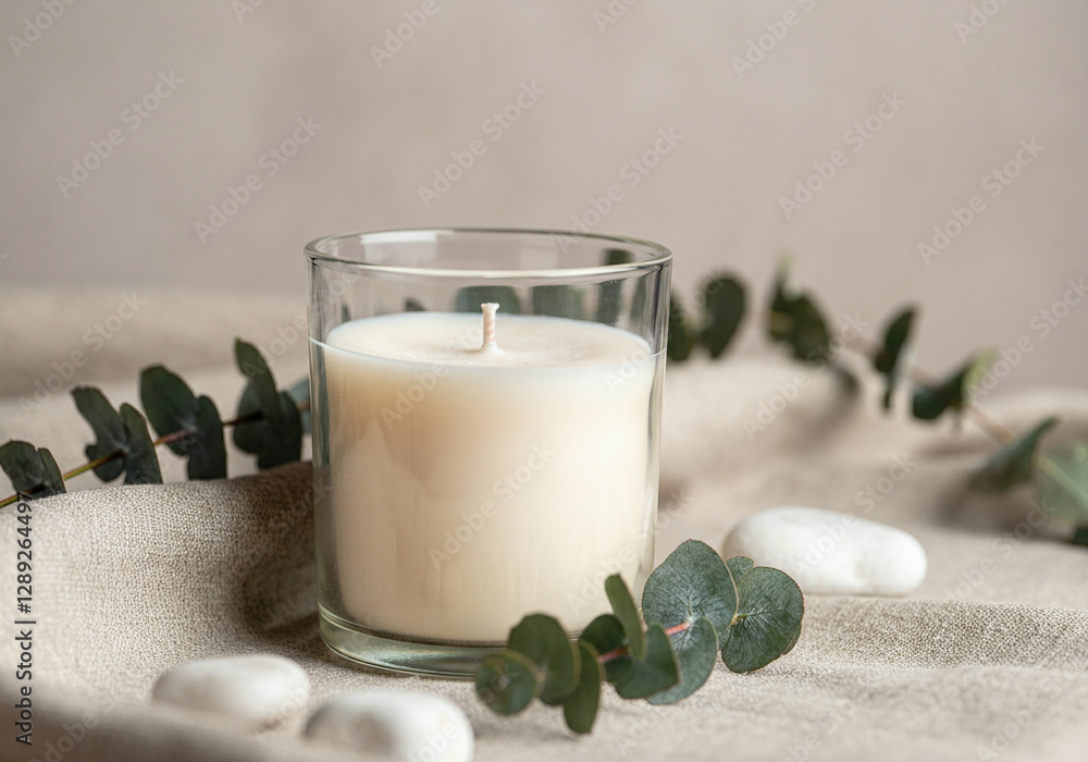 Unlit soy wax candle in a glass jar with eucalyptus leaves on fabric Unlit soy wax candle in a glass jar with eucalyptus leaves on fabric
