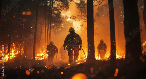 A group of French firefighters advances through flames, battling wildfires in a dense forest at sunset