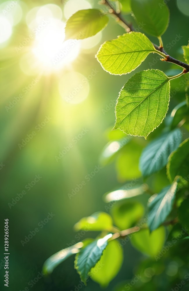 Fresh green foliage in bright sunlight. Sun shines through leaves on tree branch creating tranquil eco background. Spring, summer freshness concept. Natural vibrant light outdoors, serenity, healthy Fresh green foliage in bright sunlight. Sun shines through leaves on tree branch creating tranquil eco background. Spring, summer freshness concept. Natural vibrant light outdoors, serenity, healthy
