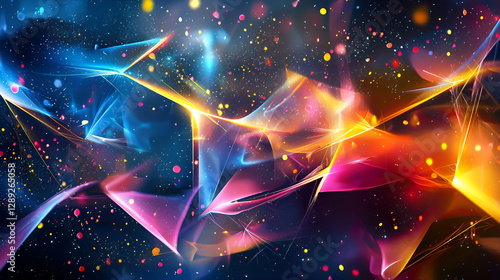 Futuristic abstract background with glowing neon shards and metallic surfaces