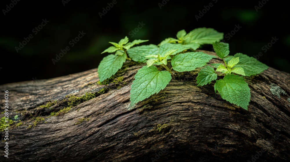Vibrant green plants sprout from a dark brown log covered in moss, creating a contrast of textures and colors. The image evokes a sense of life and