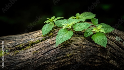 Obraz na płótnie Vibrant green plants sprout from a dark brown log covered in moss, creating a contrast of textures and colors. The image evokes a sense of life and w salonie