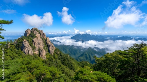 Wallpaper Mural Scenic Mountain View with Clouds and Green Forest under Blue Sky Torontodigital.ca