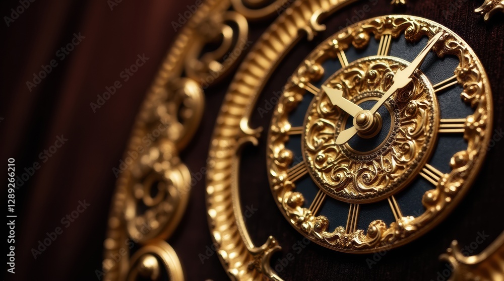 Close-up ornate gold wall clock, intricate details, dark velvet background, luxurious timepiece design. Close-up ornate gold wall clock, intricate details, dark velvet background, luxurious timepiece design.