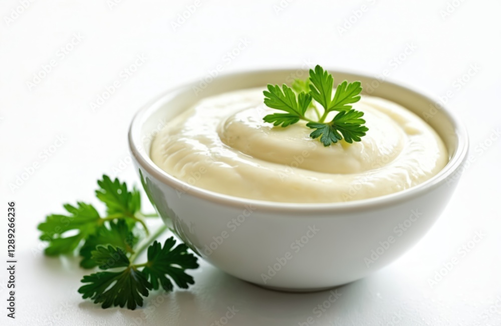 Close-up mayonnaise in bowl garnished parsley on white background. Creamy condiment with garlic oil, lemon. Homemade sauce. Food photography concept for culinary, healthy eating. Close-up mayonnaise in bowl garnished parsley on white background. Creamy condiment with garlic oil, lemon. Homemade sauce. Food photography concept for culinary, healthy eating.