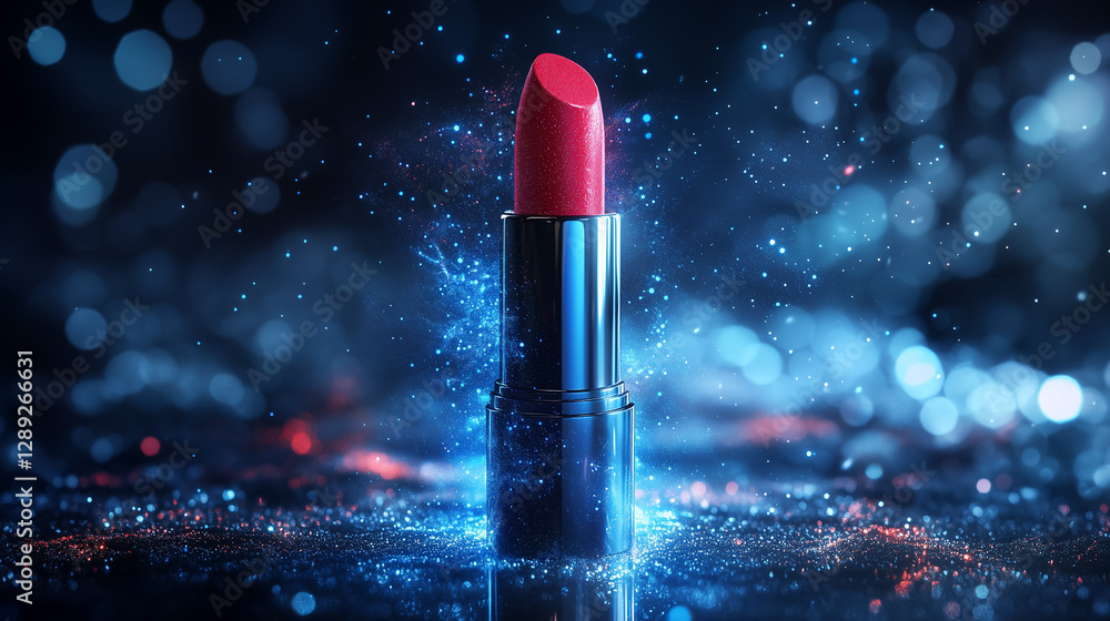 Red lipstick stands out dramatically against a dazzling background of bright lights and shimmering particles Red lipstick stands out dramatically against a dazzling background of bright lights and shimmering particles