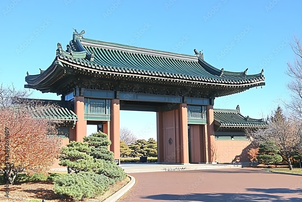 Traditional gate, green roof, Chicago park, architecture Traditional gate, green roof, Chicago park, architecture