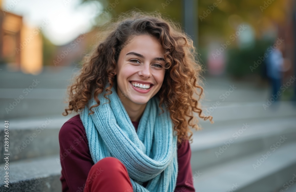 Cheerful student girl rests outside. Happy young woman smiling looking at camera sits on the stairs next to college campus. Teen relax in autumn sunny day in scarf.