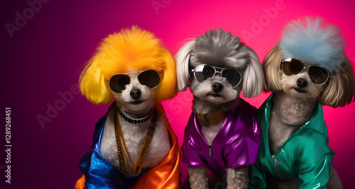 Creative animal concept. Group gang of maltipoo dog puppy doggy in sparkly rock punk neon bright colour outfit, copy text space. commercial, editorial advertisement party invitation invite	
