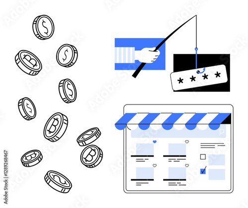 Coins falling, hand fishing for passwords, store page with login form. Ideal for cyber security, online scams, digital finance, cryptocurrency risks, phishing attacks, data theft personal security