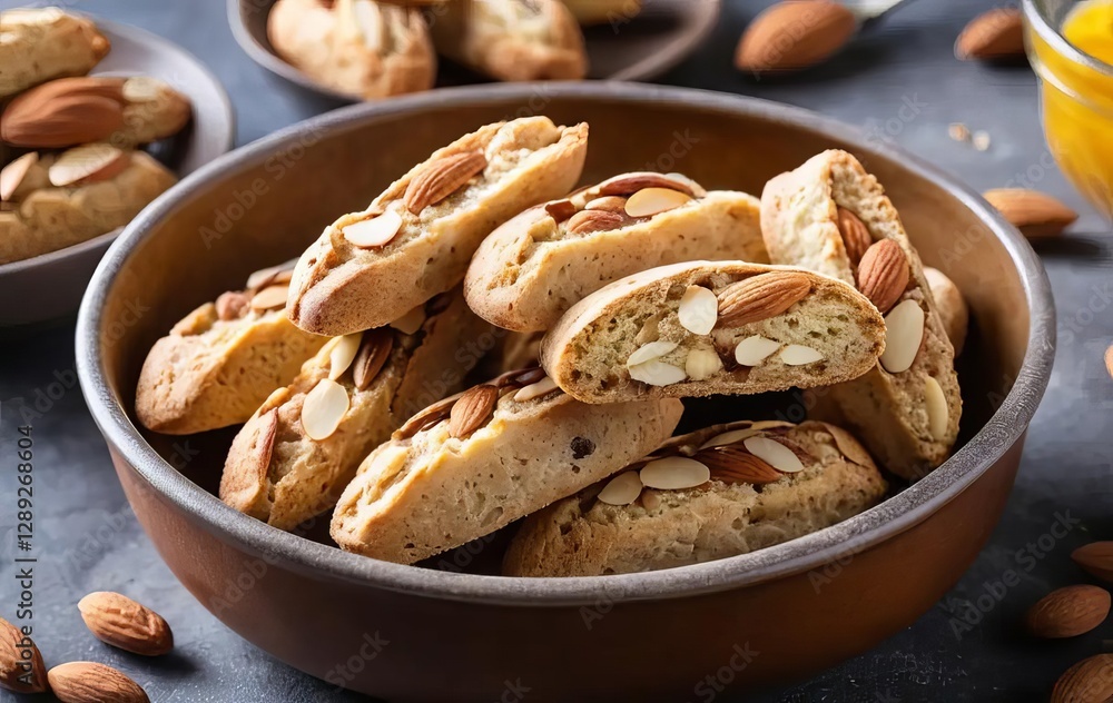 A bowl of homemade almond cantuccini pastry cookies A bowl of homemade almond cantuccini pastry cookies