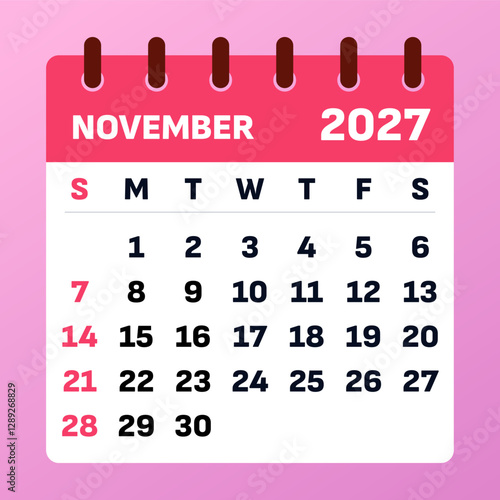 Clean and professional November 2027 calendar template. Great for tracking holidays, meetings, and work tasks.

