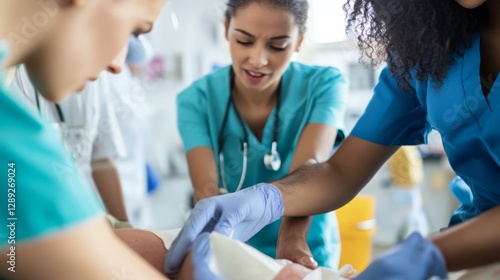 Hospital rush with nurses performing a rapid wound dressing change. Featuring swift action and wound care