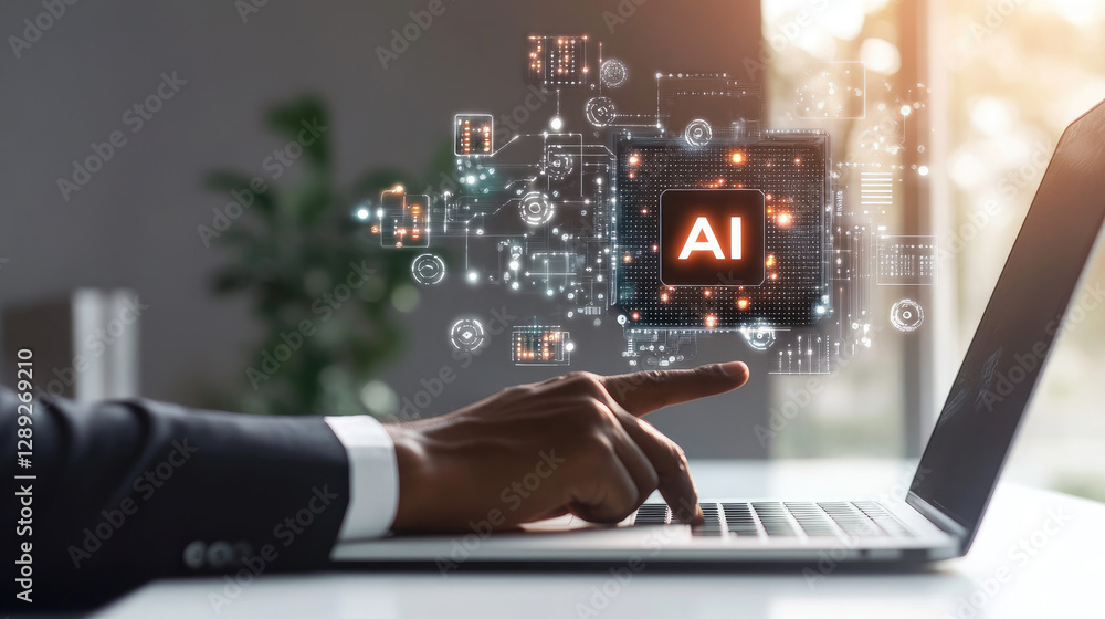AI Technology Person Interacting with Futuristic Laptop Interface AI Technology Person Interacting with Futuristic Laptop Interface