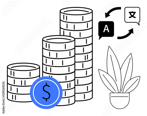 Stacks of coins with blue currency symbol, icons for language translation, and a plant. Ideal for finance, global business, investment, translation services, economic growth, international trade