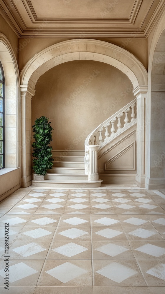 Elegant proscenium with a grand staircase and decorative greenery in a spacious, light-filled interior setting Elegant proscenium with a grand staircase and decorative greenery in a spacious, light-filled interior setting