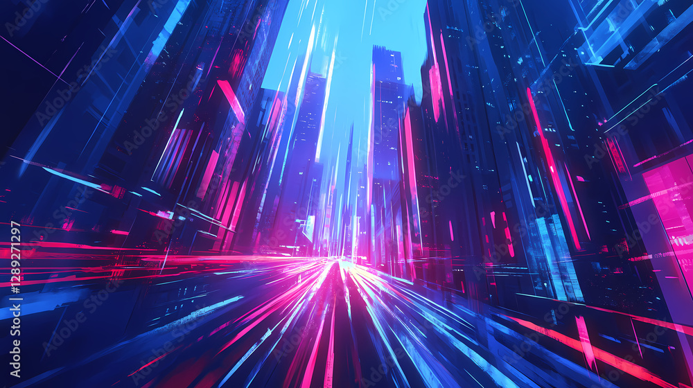 A city street with modern buildings and light beams in motion, symbolizing the speed of digital transformation for business technology growth. Metropolis of Light Beams. Illustration A city street with modern buildings and light beams in motion, symbolizing the speed of digital transformation for business technology growth. Metropolis of Light Beams. Illustration