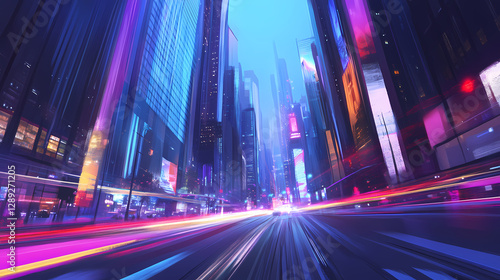 A city street with modern buildings and light beams in motion  symbolizing the speed of digital transformation for business technology growth. Metropolis of Light Beams. Illustration