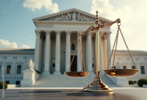 Golden scales of justice in front of historic courthouse photo