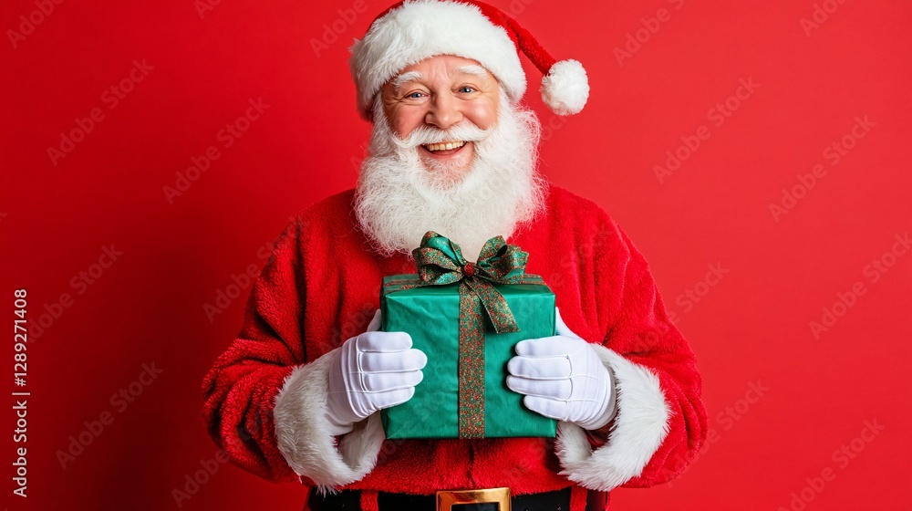 Festive Package with Green Bow Held by Jolly Santa Festive Package with Green Bow Held by Jolly Santa