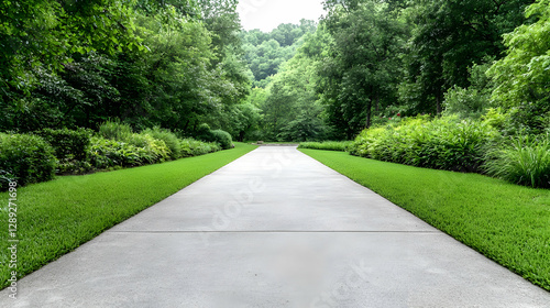 Lush green driveway, winding path, tranquil landscape, nature background, ideal for real estate