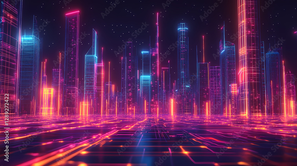 Abstract techno city, glowing neon circuits outlining buildings and energy beams, creating a vivid future metropolis against a dark sky. Metropolis of Light Beams. Illustration Abstract techno city, glowing neon circuits outlining buildings and energy beams, creating a vivid future metropolis against a dark sky. Metropolis of Light Beams. Illustration