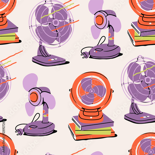 Home and office electric table air Fans. Various types. Cartoon modern flat style. Climate control, ventilation, conditioning concept. Hand drawn Vector illustration. Square seamless Pattern