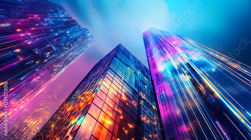 Wallpaper Mural Futuristic skyscraper with vibrant holographic display in a bustling city at night. Metropolis of Light Beams. Illustration Torontodigital.ca