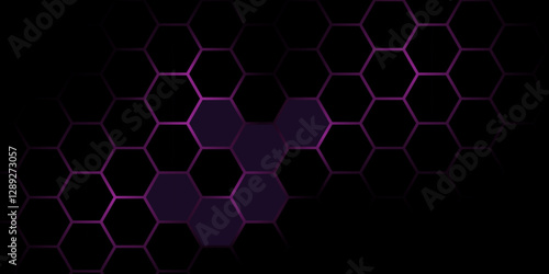 Abstract Digital Network with Hexagonal Shape. Glowing Purple Honeycomb Tech Texture. Hexagon. Illustration. Vector. 