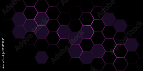 Abstract Dark Hexagonal Tech Background with Purple Glow. Abstract Futuristic Hexagon Grid Design. Hexagon. Illustration. Vector. 