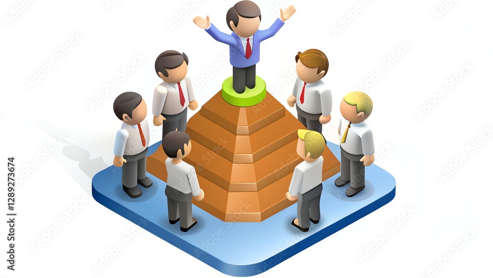 3D illustration of business hierarchy with leader on pyramid top, surrounded by team.