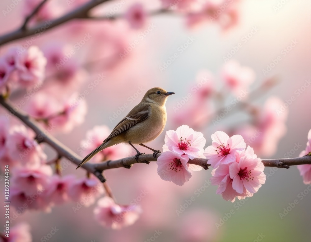 Bird Perched on Cherry Blossom Branch in Springtime Bird Perched on Cherry Blossom Branch in Springtime