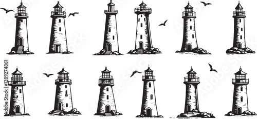 Sihluette of lighthouse Vector object for design, icons set logo black light ocean sea light house silhouettes vector illustration