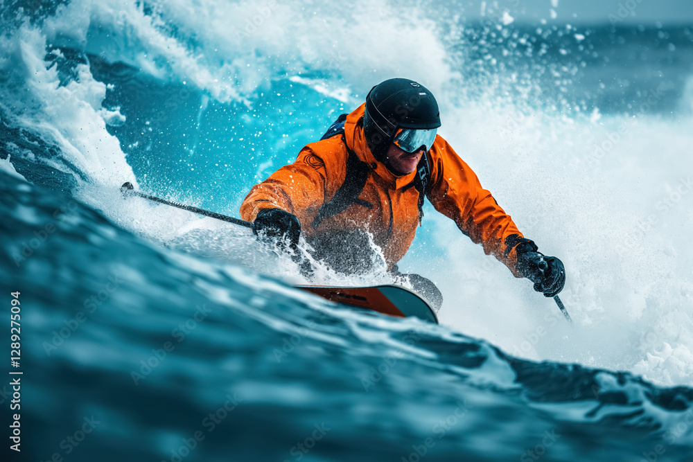 Naklejka premium Man skiing in rough waters wearing orange jacket and helmet
