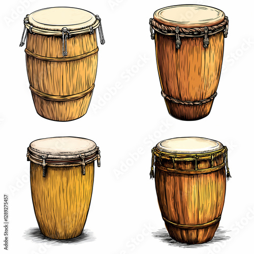 Colorful conga drums with detailed wood grain textures in various styles