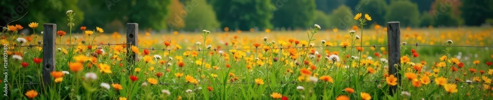 A field of autumnal wildflowers with a wooden fence, greenery, autumnal colors A field of autumnal wildflowers with a wooden fence, greenery, autumnal colors