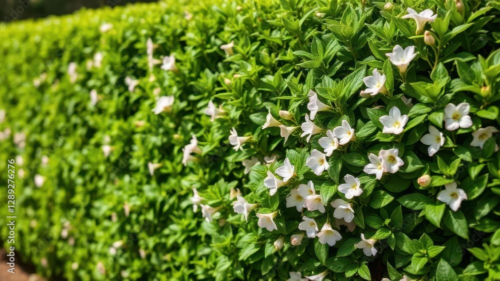 a thick hedge with green leaves and flowers blooming in the spring, hedges, plant life a thick hedge with green leaves and flowers blooming in the spring, hedges, plant life
