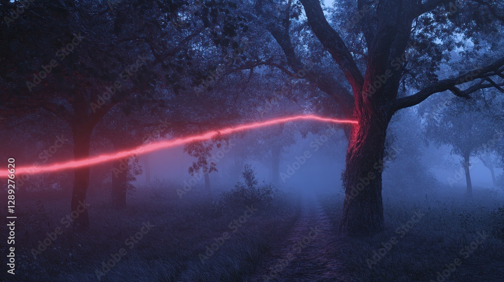 Enigmatic Night Forest: A Glowing Red Line Illuminates a Mystical Scene Enigmatic Night Forest: A Glowing Red Line Illuminates a Mystical Scene