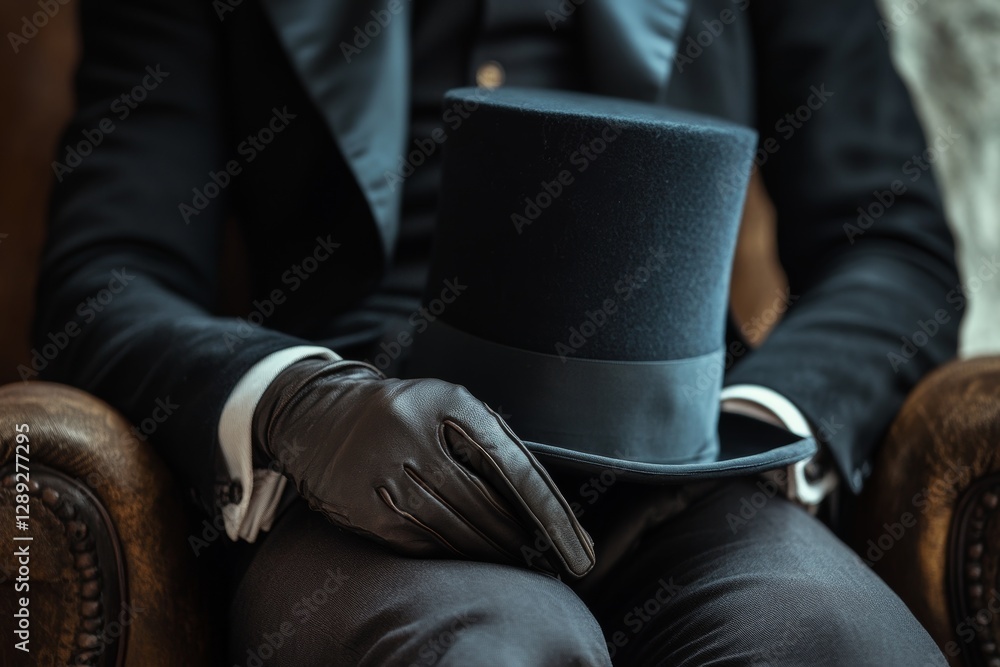 Fototapeta premium A sophisticated man in formal attire holds a top hat and wears leather gloves, epitomizing vintage fashion and elegance.
