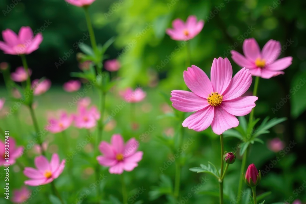 pink cosmos blooms scattered among emerald foliage and tree branches, pink, wildflower pink cosmos blooms scattered among emerald foliage and tree branches, pink, wildflower