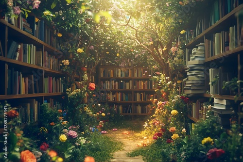 fantasy library with enchanted books and magical knowledge, featuring a mystical bookshelf surrounded by nature and literature in a blooming paradise