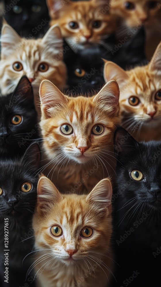 Charming portrait of ginger and black kittens closely gathered, showcasing their playful curiosity and enchanting gaze. Charming portrait of ginger and black kittens closely gathered, showcasing their playful curiosity and enchanting gaze.