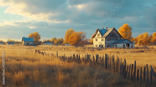An old weathered house and fields in the early evening